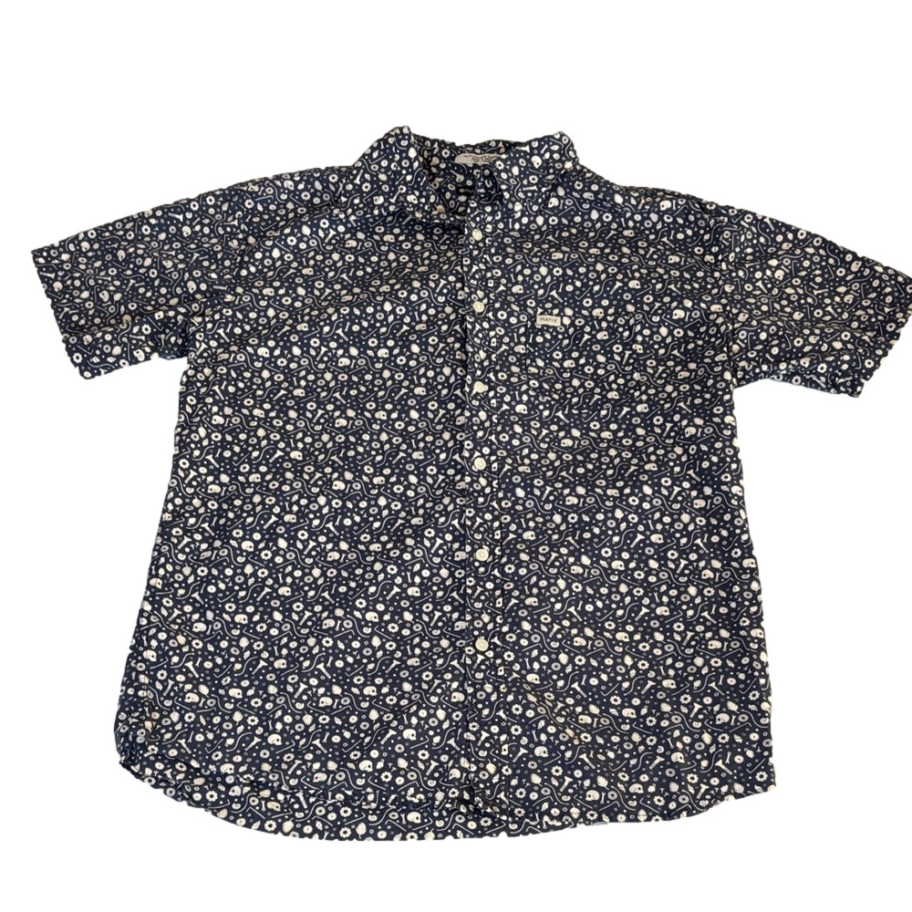 Matix Skull Print Button Up Shirt Large Blue White Short Sleeve Skate Surf - Picture 3 of 9